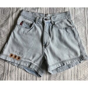 LEI Y2K Sunflower Embroidered Denim Shorts Women Size 7 Light Wash High Rise